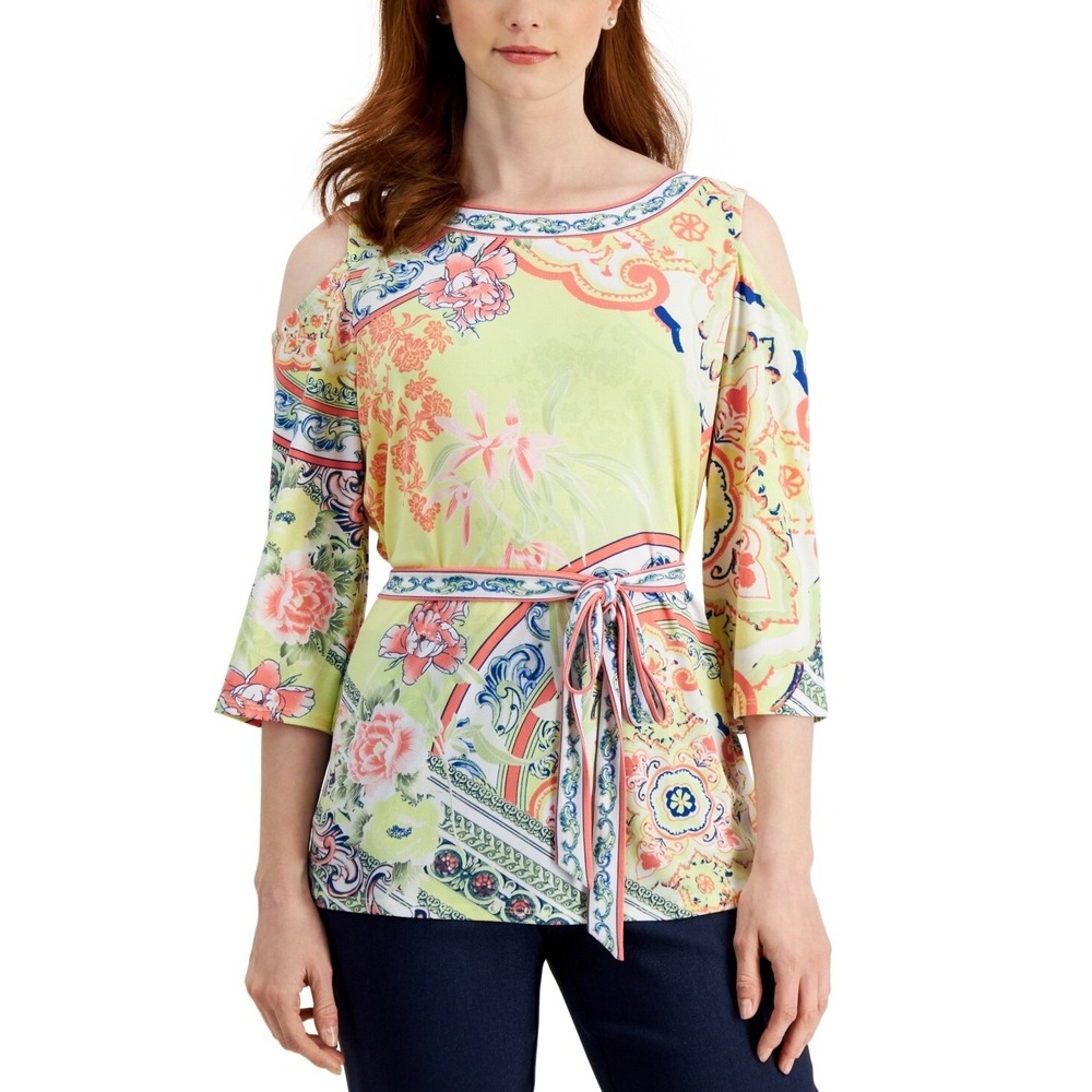 Jm Collection Women's Belted Cold-Shoulder Blouse Yellow Size XL